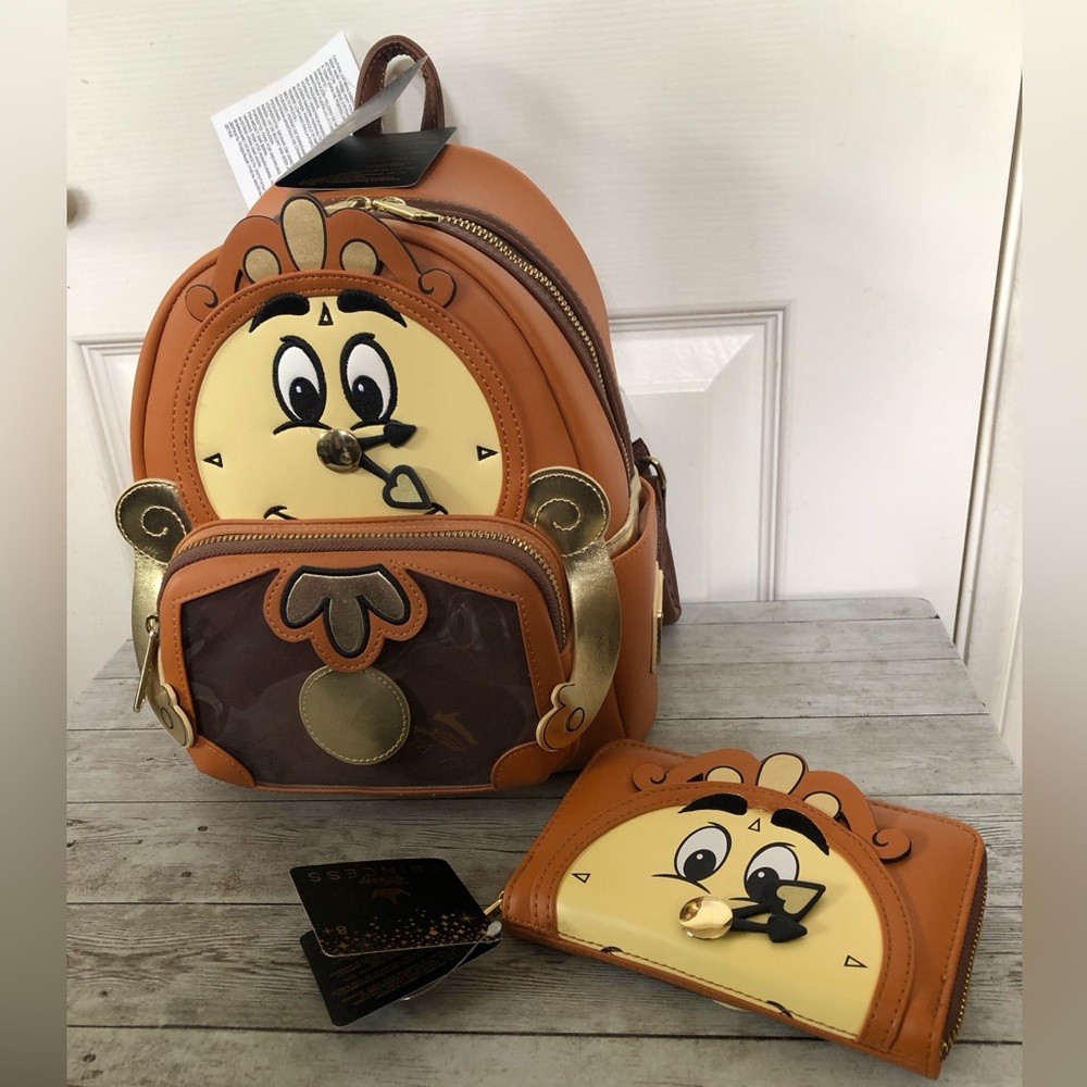 Loungefly Disney LACC Beauty and The Beast Cogsworth Mini Backpack & Wallet NWT